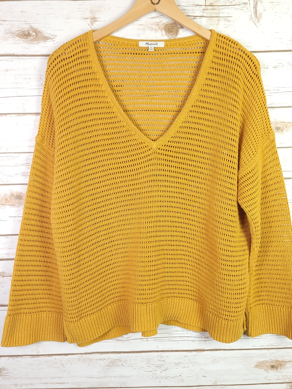 Madewell Seville Pullover Sweater Medium Mustard Yellow Open Knit